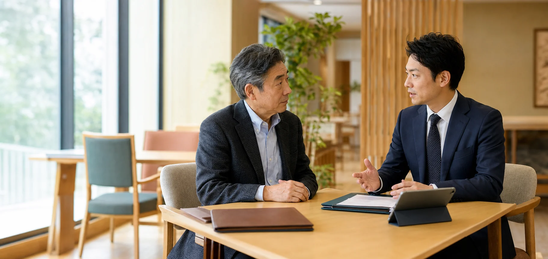 介護事業の承継について資料を確認する施設経営者とアドバイザー
