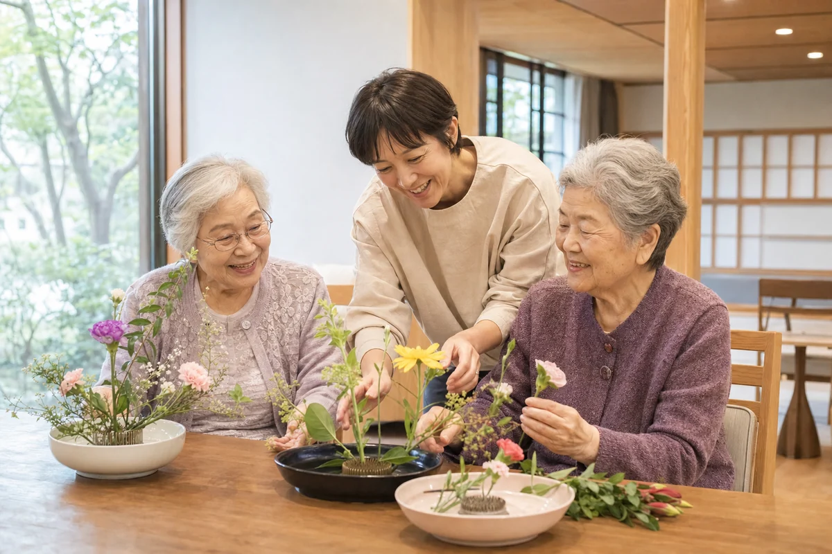老人ホームの明るい共有スペースで生け花を楽しむ入居者と介護職員