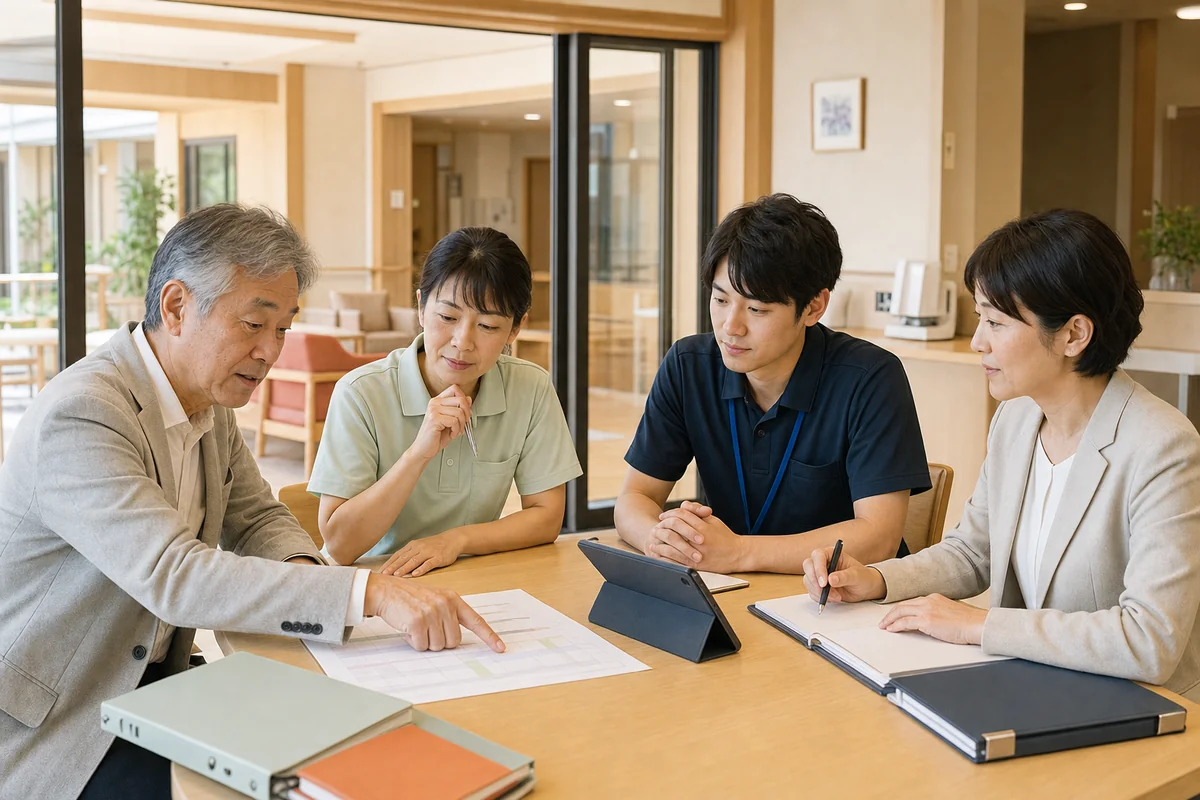 老人ホームの運営引継ぎについて話し合う施設経営者と介護職員